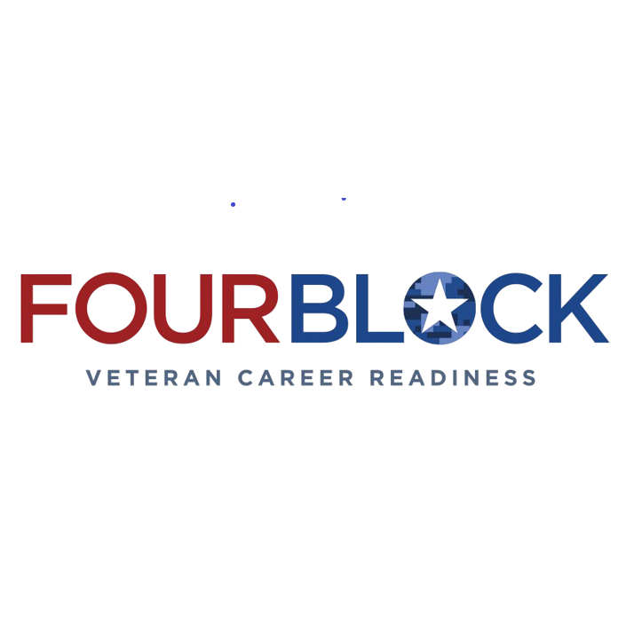 Biểu tượng sẵn sàng cho sự nghiệp của cựu chiến binh FourBlock có kiểu chữ màu đỏ và xanh đậm với ngôi sao màu trắng bên trong chữ “O”, thể hiện quá trình chuyển đổi lực lượng lao động và hỗ trợ phát triển nghề nghiệp cho các cựu chiến binh.