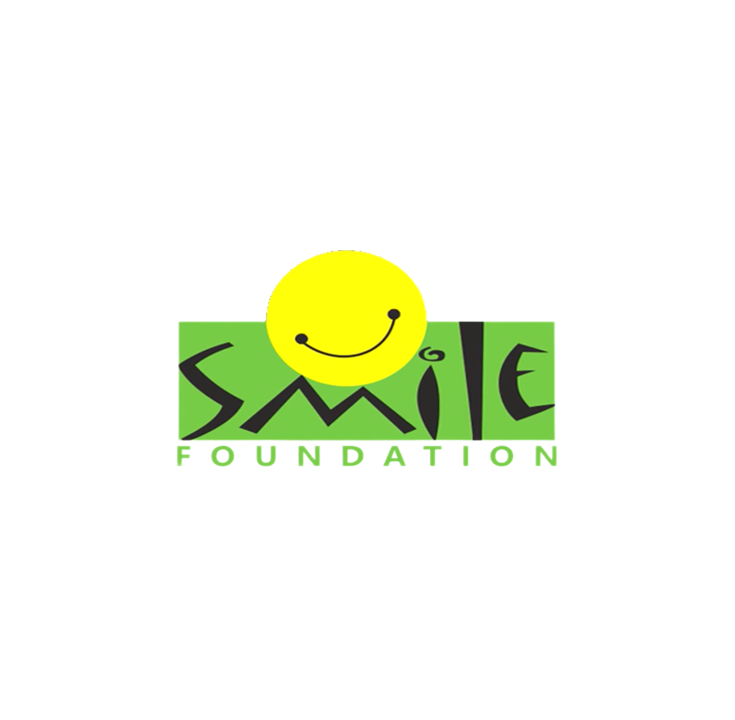 Biểu trưng của Smile Foundation có khuôn mặt cười màu vàng cách điệu phía trên từ “SMILE” bằng phông chữ vui tươi màu đen trên nền xanh lục.